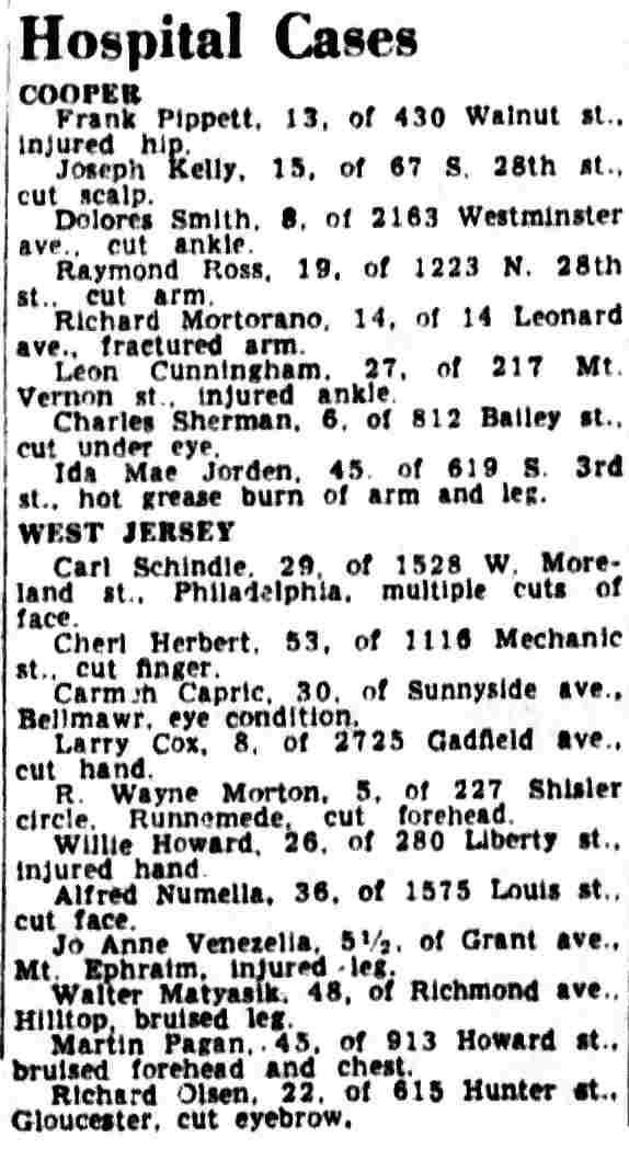 Camden Courier-Post clipping, November 8, 1958, listing hospital cases including residents at 1223 and 67 South 28th Street
