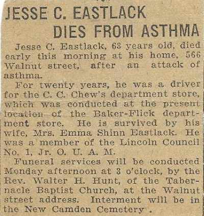 Jesse Eastlack obituary, 566 Walnut Street, 1924