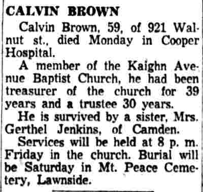 918 Walnut Street, Calvin Brown, Camden Courier-Post, February 2, 1956