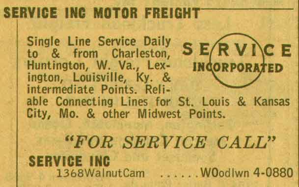 1368 Walnut Street, Service Inc. Motor Freight, 1955 NJ Bell Yellow Pages ad