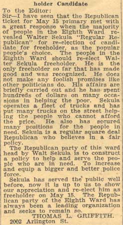Camden Courier-Post, May 2, 1934 — letter to the editor in support of Walter Sekula for freeholder