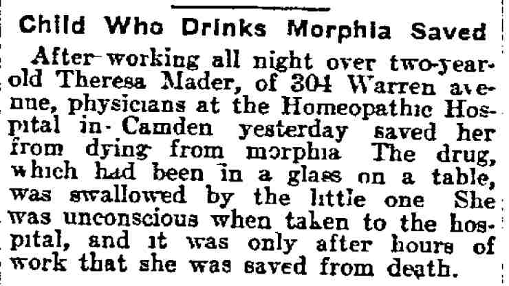 Child Who Drinks Morphia Saved, Philadelphia Inquirer, June 30, 1914