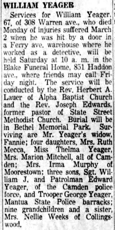 William Yeager obituary, Camden Courier-Post, March 11, 1954
