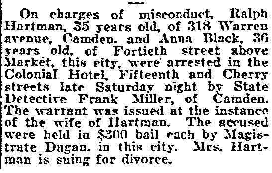 Ralph Hartman arrested, Philadelphia Inquirer, November 7, 1921