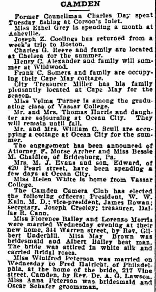 Florence Bailey and Lorenzo Morris marriage notice, Philadelphia Inquirer, June 18, 1899