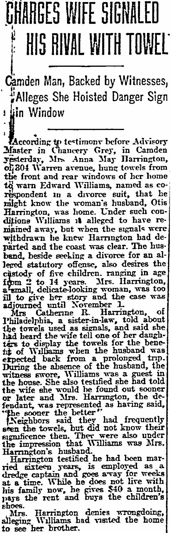 Charges Wife Signaled His Rival With Towel, Philadelphia Inquirer, October 19, 1916