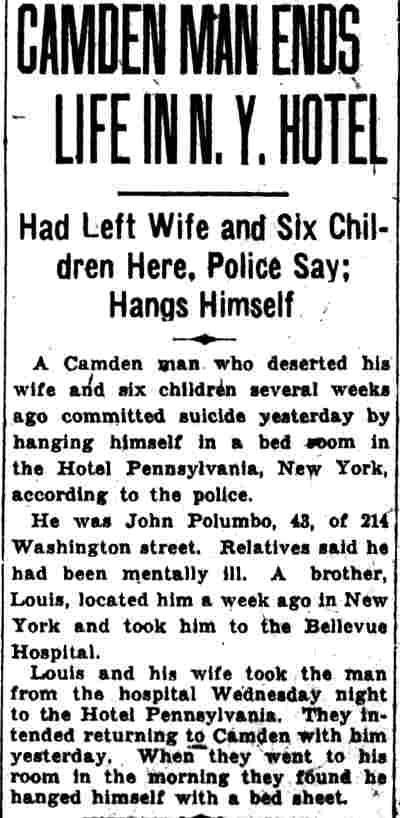 214 Washington Street — Camden Man Ends Life in N.Y. Hotel, Camden Courier-Post, June 13, 1931