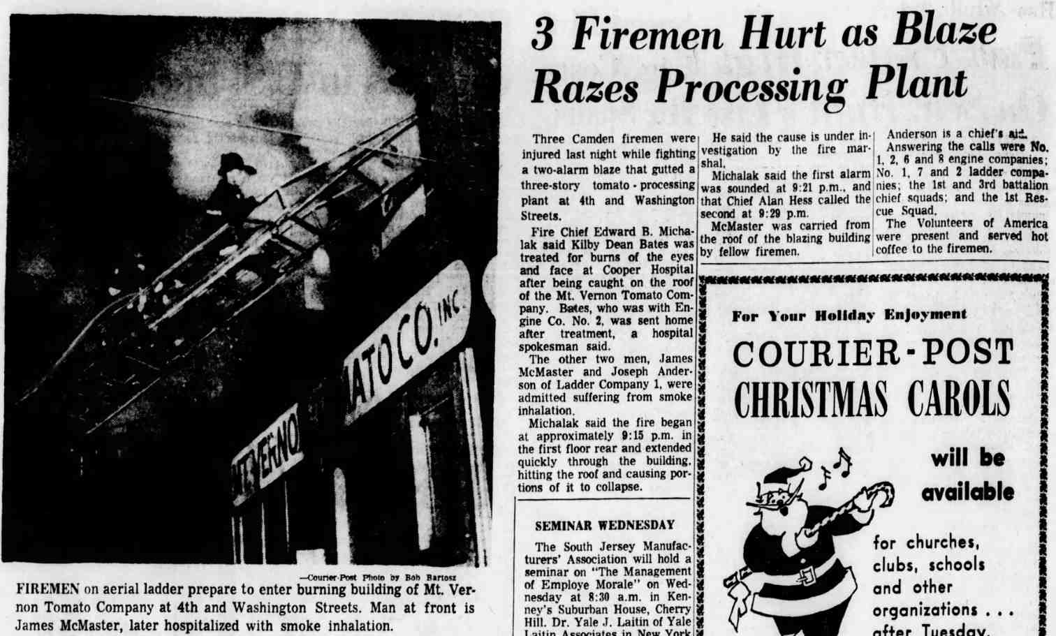 3 Firemen Hurt as Blaze Razes Processing Plant, Camden Courier-Post, November 26, 1966