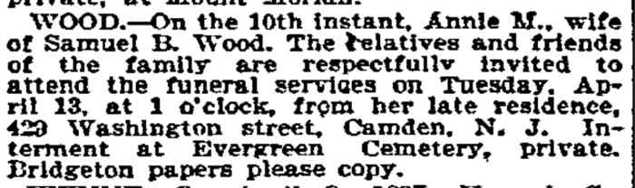 429 Washington Street — Samuel B. Wood, Philadelphia Inquirer, April 11, 1897