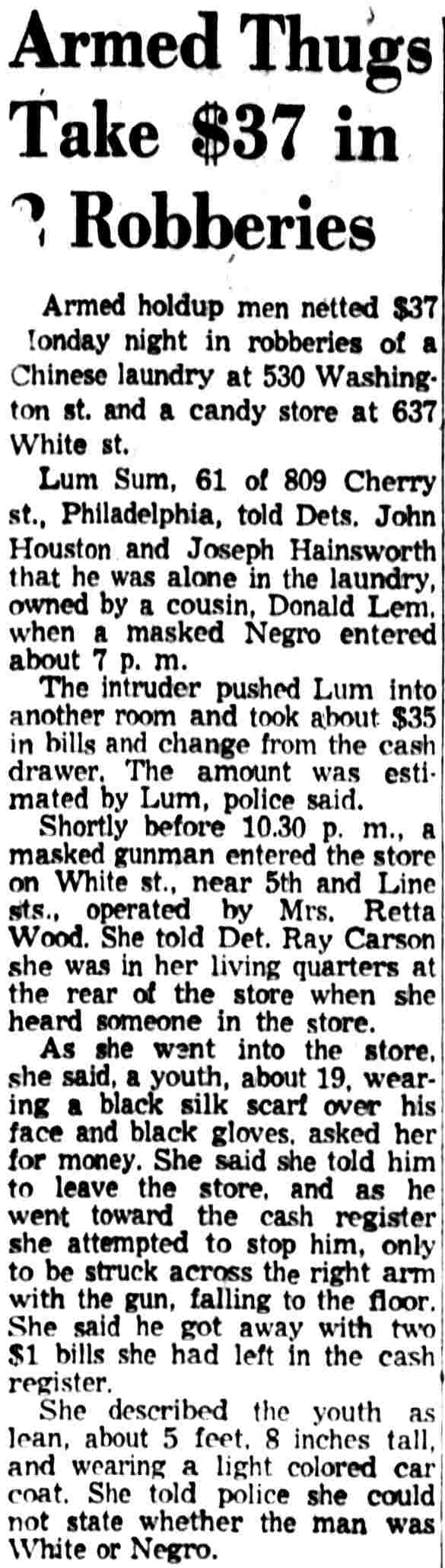 Armed Thugs Take $37 in 2 Robberies, Camden Courier-Post, October 28, 1958