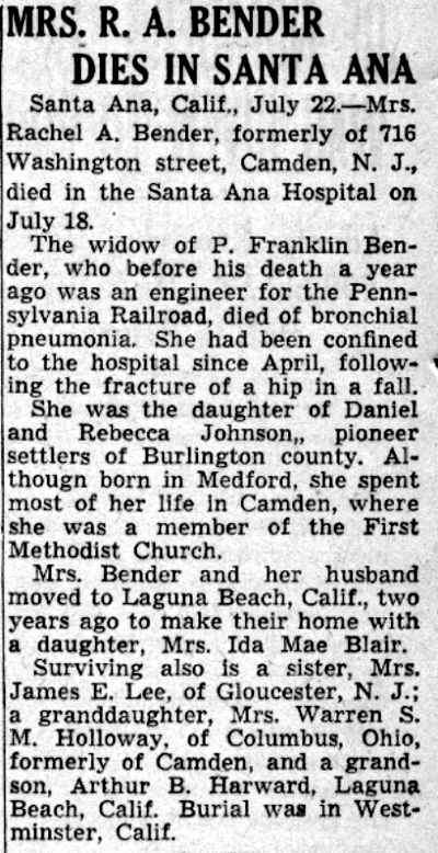 Mrs. R.A. Bender Dies in Santa Ana, Camden Courier-Post, July 23, 1941