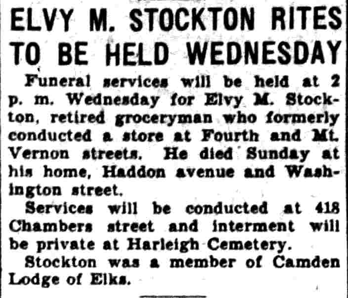 Elvy M. Stockton Rites to Be Held Wednesday, Camden Courier-Post, July 15, 1930