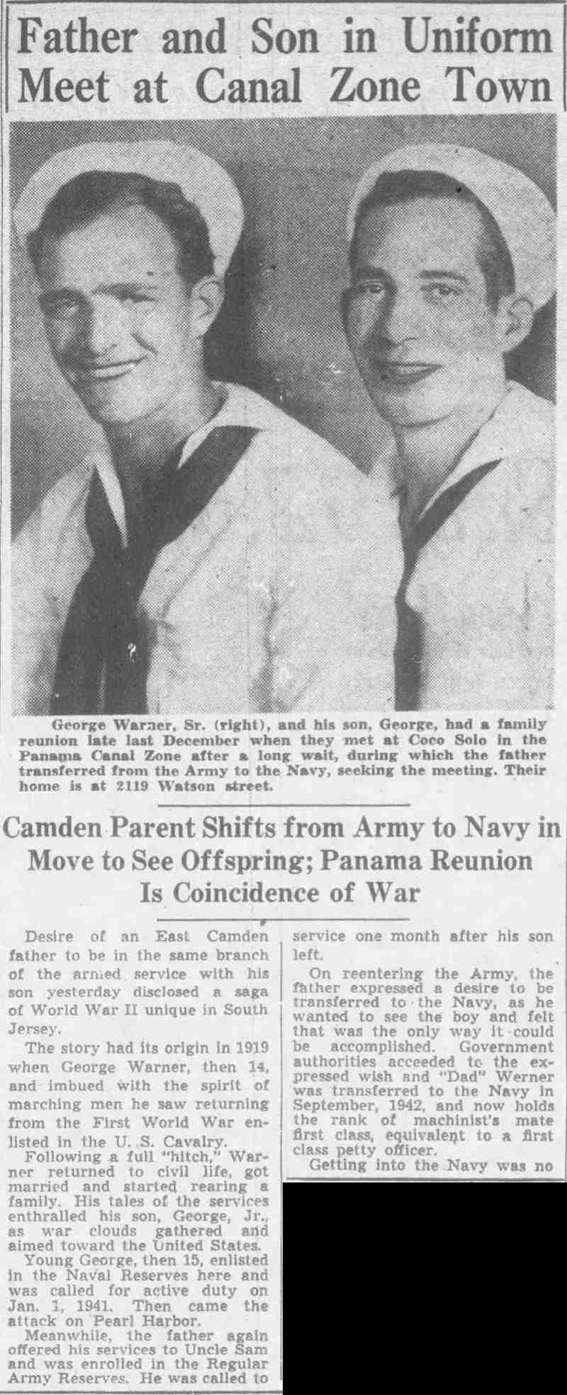 Father and Son in Uniform Meet at Canal Zone Town, Camden Courier-Post, February 10, 1943