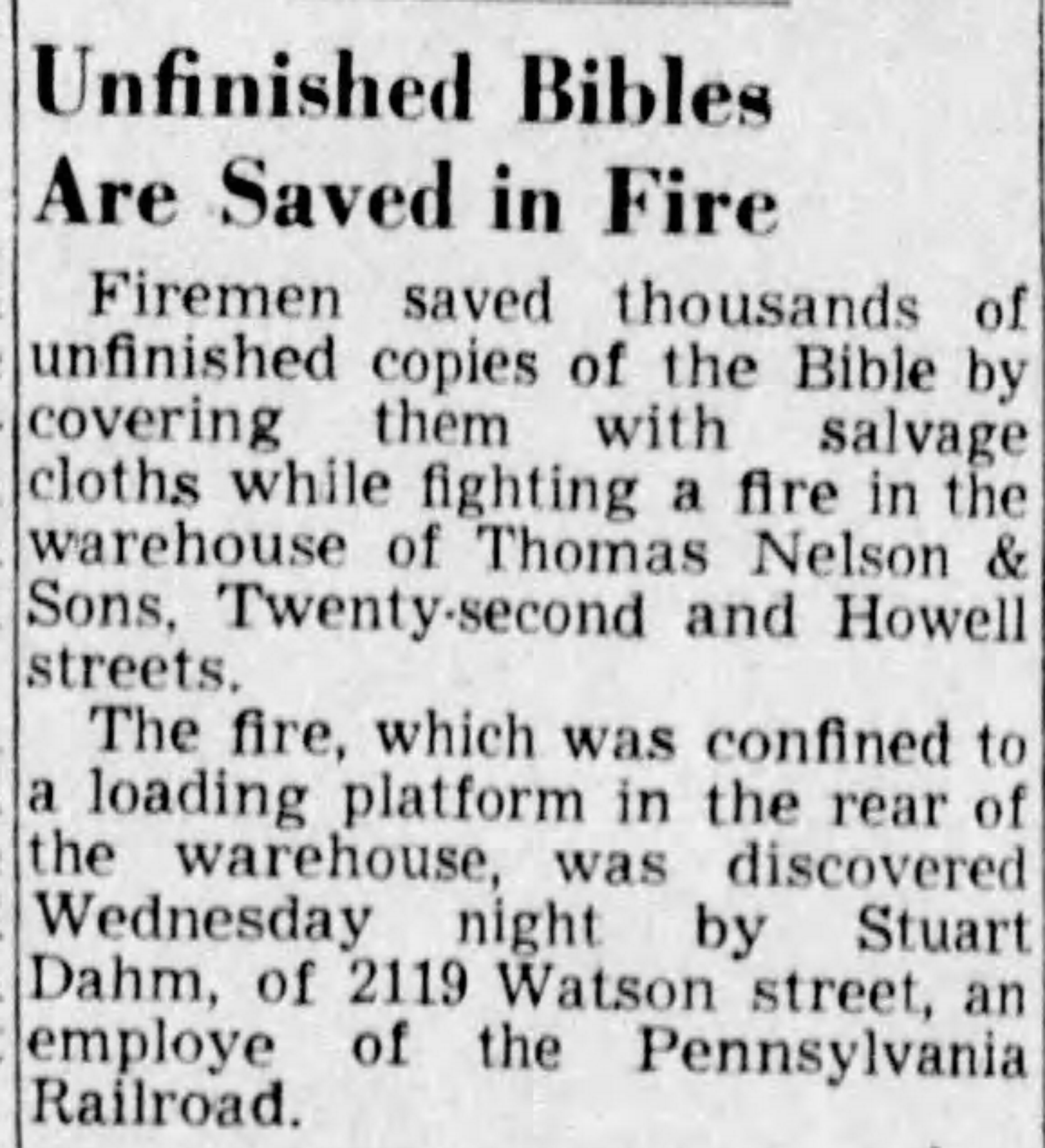 Unfinished Bibles Are Saved in Fire, Camden Courier-Post, July 12, 1951
