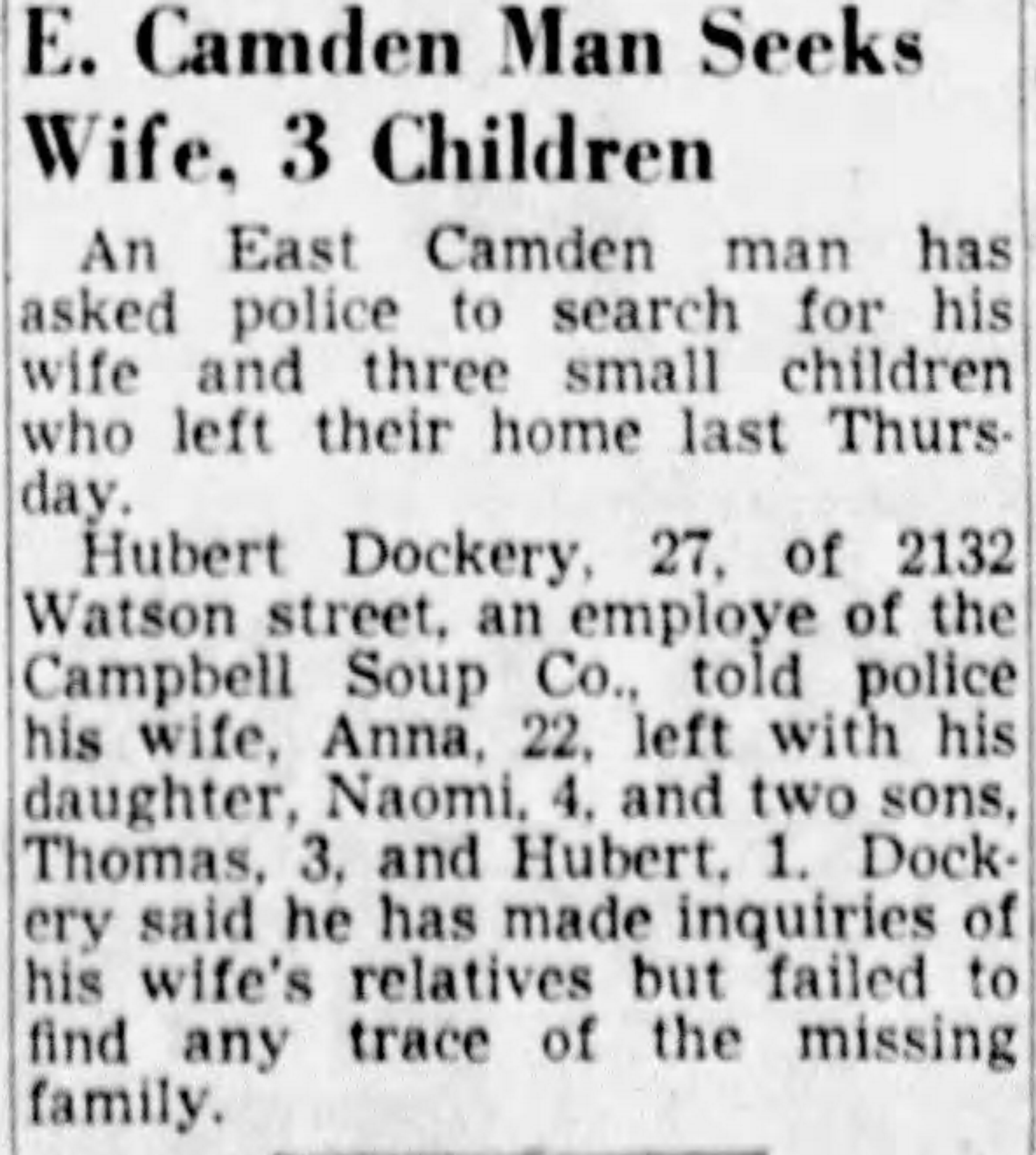E. Camden Man Seeks Wife, 3 Children, Camden Courier-Post, August 14, 1951