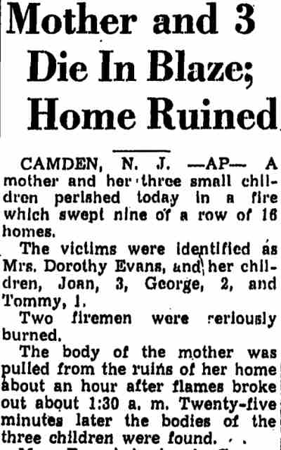 Mother and 3 Die In Blaze; Home Ruined, Trenton Evening Times, February 25, 1948