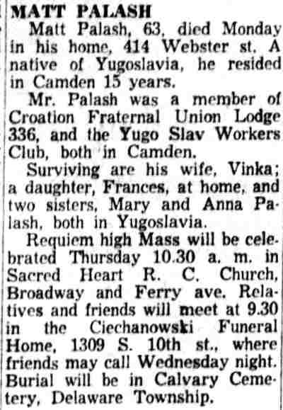 Matt Palash obituary — Camden Courier-Post, March 13, 1956