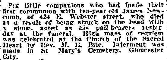 Funeral notice for James Newcomb, Philadelphia Inquirer, February 5, 1913