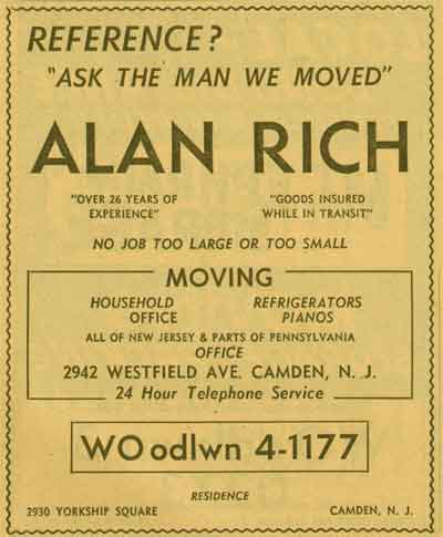 Alan Rich Moving — 2930 Yorkship Square (residence) — NJB Yellow Pages 1955