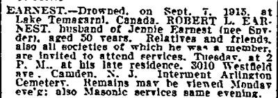 Robert L. Earnest at 3010 Westfield Avenue, Philadelphia Inquirer, September 13, 1915