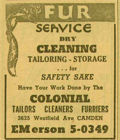 Colonial Tailors Cleaners & Furriers at 3625 Westfield Avenue, 1955 NJ Bell Yellow Pages