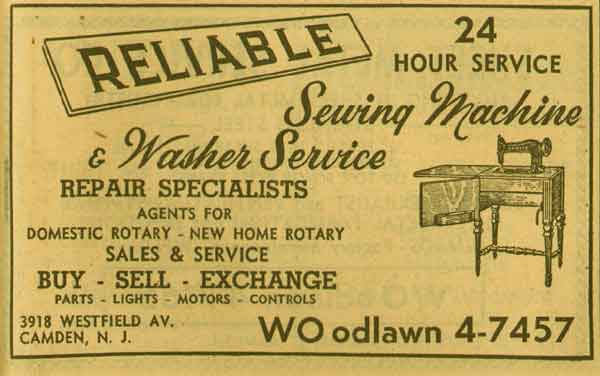 Reliable Sewing Machine & Washer Service at 3918–3920 Westfield Avenue, 1955 NJ Bell Yellow Pages