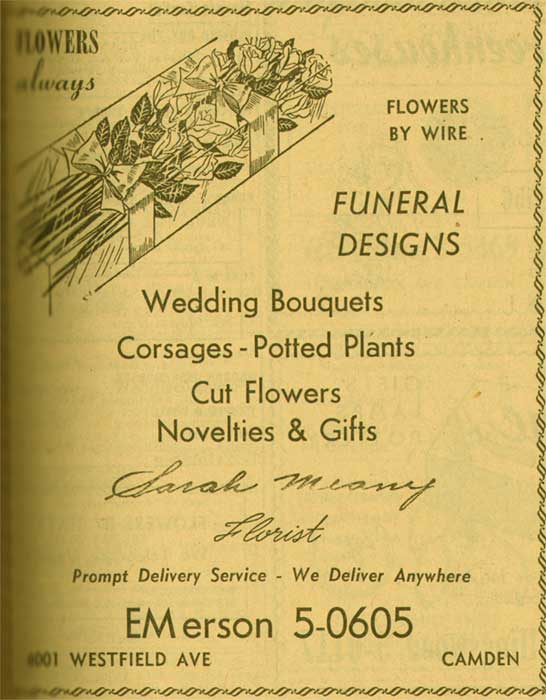 Sarah Meany Florist at 4001 Westfield Avenue, 1955 NJ Bell Yellow Pages