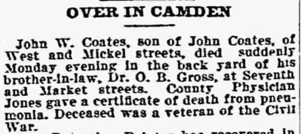 Philadelphia Inquirer, March 1, 1899 — John W. Coates obituary