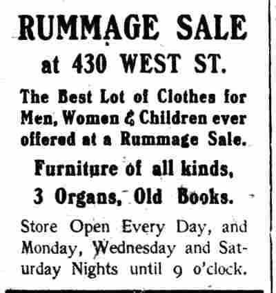 Salvation Army Rummage Sale at 430 West Street, Camden Daily Courier April 9, 1908