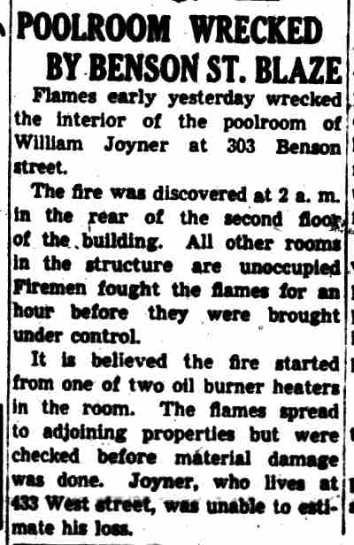 Poolroom Wrecked by Benson St. Blaze — William Joyner, Camden Courier-Post April 12, 1943
