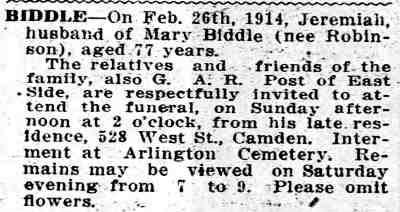 Jeremiah Biddle death notice, Camden Daily Courier February 27, 1914