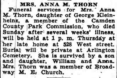 Mrs. Anna M. Thorn obituary, Camden Courier-Post May 22, 1934