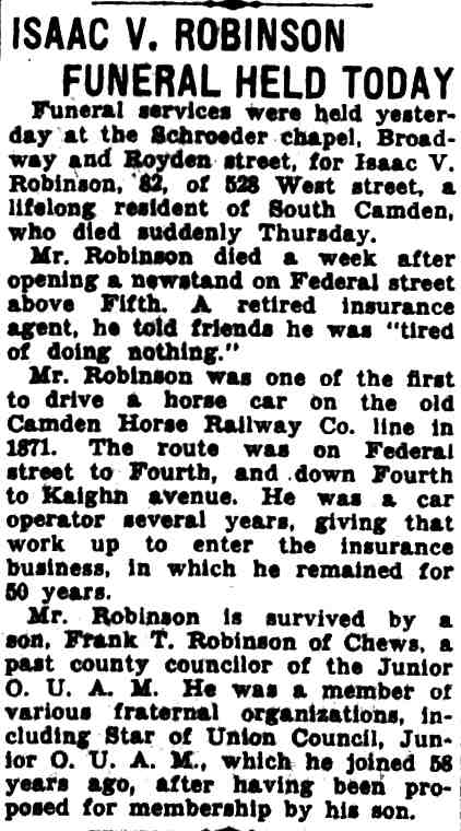 Isaac V. Robinson funeral, Camden Courier-Post May 30, 1933