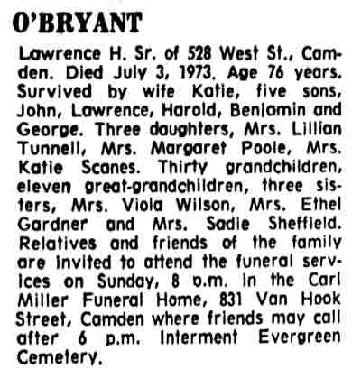 O'Bryant death notice, Camden Courier-Post July 5, 1973