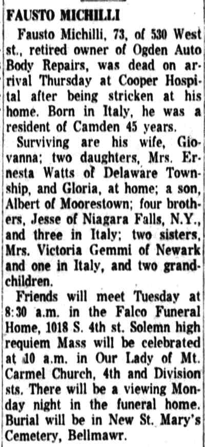 Fausto Michilli obituary, Camden Courier-Post September 1, 1961