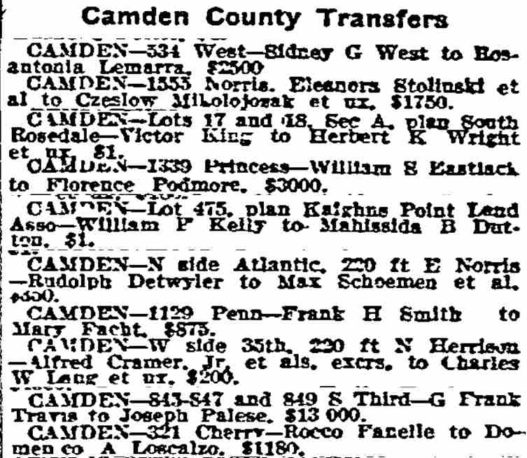 Camden County Transfers — 534 West Street, Philadelphia Inquirer November 11, 1914