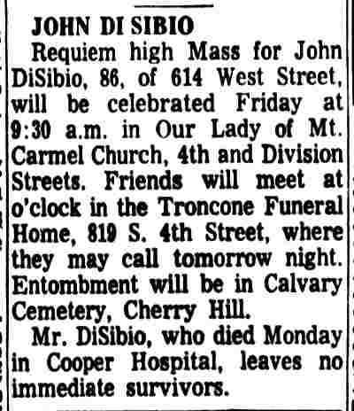 John DiSibio obituary, Camden Courier-Post January 19, 1966