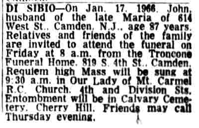 John DiSibio death notice, Camden Courier-Post January 20, 1966