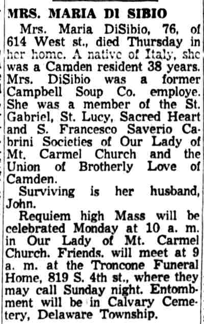 Mrs. Maria DiSibio obituary, Camden Courier-Post December 27, 1958