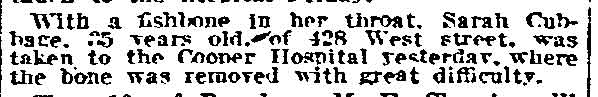 Sarah Cubbage fishbone item, Philadelphia Inquirer April 15, 1918
