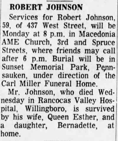 Robert Johnson obituary, Camden Courier-Post May 21, 1967