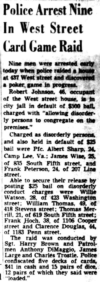 Police Arrest Nine In West Street Card Game Raid, Camden Courier-Post November 11, 1950