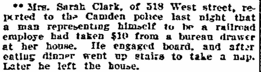 Mrs. Sarah Clark robbery item, Philadelphia Inquirer November 7, 1903