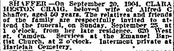 Clara Heston Craig Shaffer death notice, Philadelphia Inquirer September 22, 1904