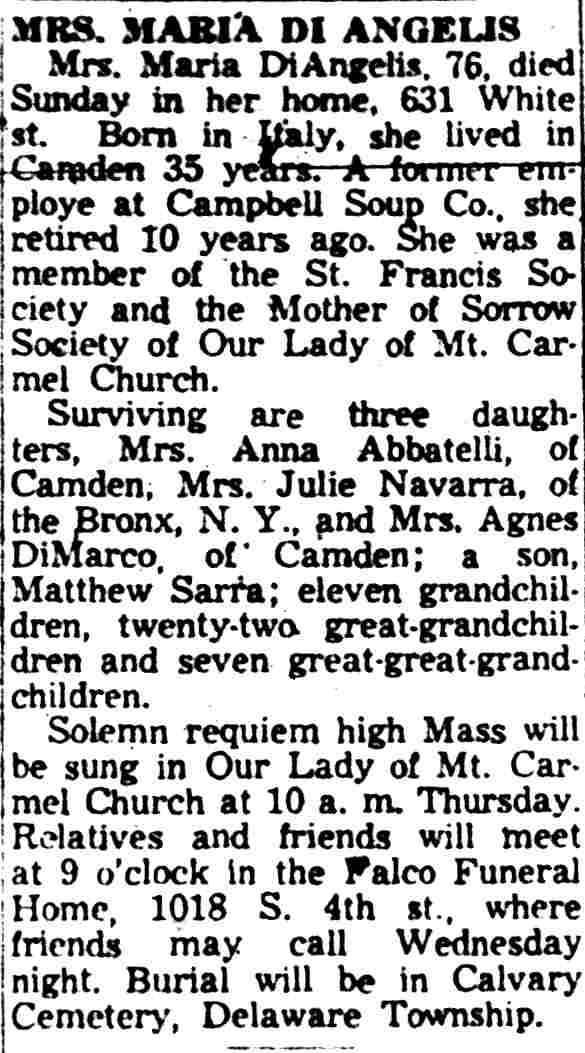 Mrs. Maria Di Angelis obituary — Camden Courier-Post, December 30, 1957