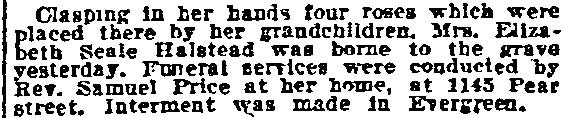 Mrs. Elizabeth Seale Halstead obituary, Philadelphia Inquirer, March 5, 1913