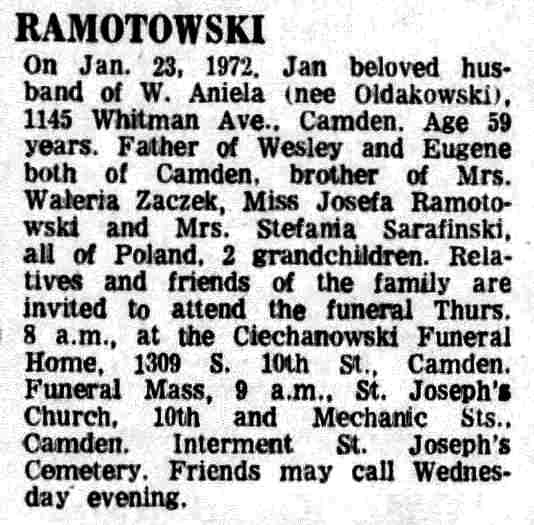 Jan Ramotowski obituary, January 25, 1972