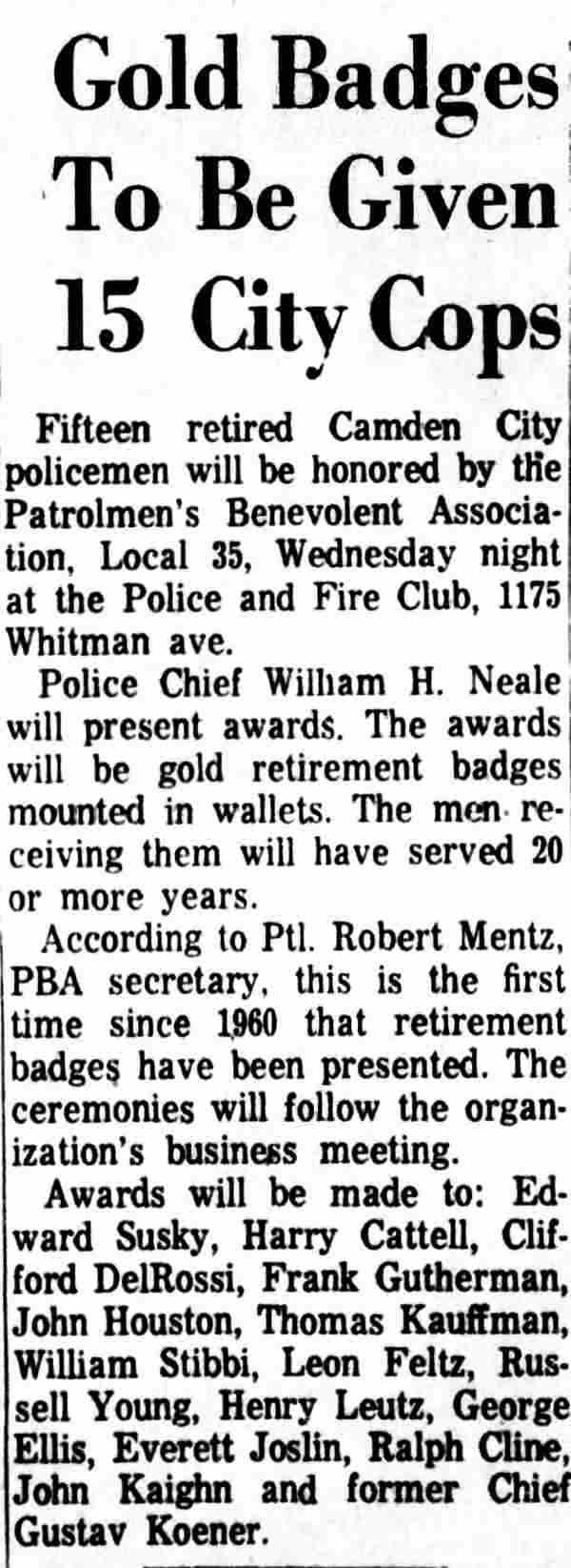 Gold Badges to Be Given 15 City Cops, Camden Courier-Post, August 24, 1963
