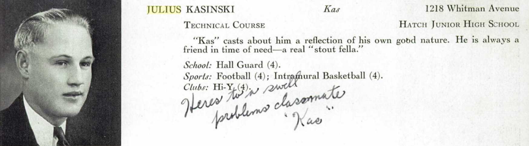 Julius J. Kasinski, 1936 Camden High School yearbook photo