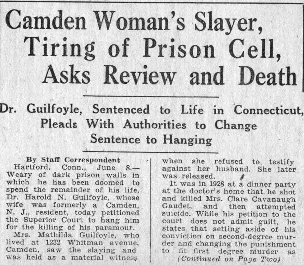 Camden Woman's Slayer, Tiring of Prison Cell, Asks Review and Death, June 9, 1932